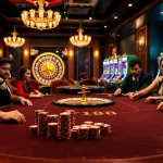 Engaged players at F168 brand poker table amidst a vibrant casino atmosphere.