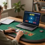 Engaging in online blackjack gameplay at ok365 with strategic betting displayed on laptop.