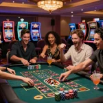 Excited friends at a rikbet gambling table celebrating a big win.