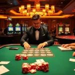 Engaged players at hm88 table game with chips and roulette wheel in a luxurious casino.