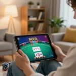 Gambling action on https://lc88.jpn.com/ poker game as player makes strategic choices.