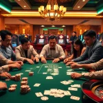 Exciting poker game scene showcasing high-stakes action at https://thabethome.com/ with players, cards, and chips.