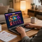 Person engaging with XXGG online casino, showcasing lively graphics and cozy home settings.