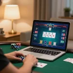 Player enjoying online poker at https://gg88.cn.com/ in a cozy home with warm lighting and modern decor.