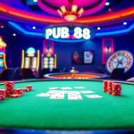 Experience the excitement of PUB 88 at a luxurious casino table filled with vibrant playing cards and chips.