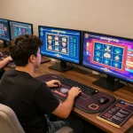 Player exploring ok365 online gambling options on dual monitors in modern home setting
