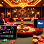 Experience the excitement of gaming at thabet.com with a vibrant casino scene featuring poker chips and roulette.
