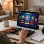 Player engaging in EE88 online gaming on tablet, cozy home setting, strategic gameplay atmosphere.