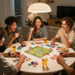 Friends celebrating during a Game bài đổi thưởng night at home with cards, chips, and drinks.