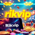 Exciting scene of rikvip đăng nhập on a smartphone with colorful game tokens and cards.