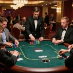 okfun players strategizing in an upscale poker game at a luxurious casino table