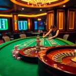 RR88 casino table showcasing poker chips and a roulette wheel in a luxurious gaming environment.
