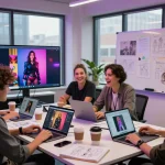 Creating innovative ai porn content in a vibrant studio with digital artists.