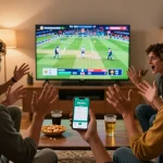 Friends engaging in sports betting via the Winbd.io app during a cricket match.