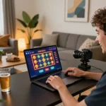 Tg88.com online gaming setup with a player engaged in exciting casino games at home, vibrant and cozy atmosphere