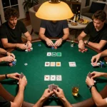 Playing poker with friends at home, engaging with J88. com game and enjoying the social atmosphere