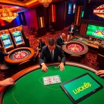 Luck8 poker table surrounded by high-stakes players in a vibrant casino atmosphere.