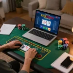 N188 player engaging in online casino gaming at home, showcasing strategic gameplay and cozy atmosphere.