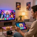 Engaged user playing DA 88 card game on tablet in cozy living room, showcasing online entertainment.