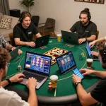 Players enjoying hitclub online gaming on laptops and smartphones in a cozy home setting
