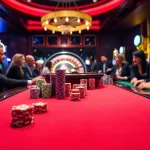 KIM88 players enjoying an exciting game at a vibrant casino table with colorful chips.