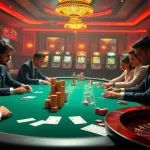 Experience high-stakes action at an ok9 poker table with glamorous chips and intense gameplay.
