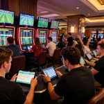 SAOBET bettors engaging in real-time sports betting excitement with screens and tablets.