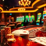 High-stakes gaming at gg88 com featuring vibrant slot machines, poker chips, and luxurious casino ambiance.