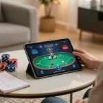 Person gaming at home with hay win poker strategy notes and tablet displaying game.