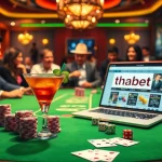 Engaging scene of players enjoying poker at https://thabet1.net/, showcasing excitement with poker chips and cards.