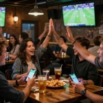 People celebrating sports bets on their smartphones at a vibrant sports bar, showcasing sc888 interactions.