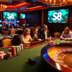 Players betting at S8's vibrant casino table, enjoying an engaging gaming experience.