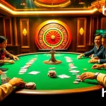 Players enjoying poker at a casino table featuring the hz88 com logo for an immersive gambling experience.