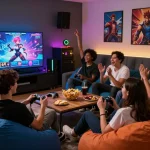 Group enjoying interactive porn games in a vibrant gaming setup.