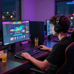 Engaging mega888 login malaysia gaming setup with vibrant LED lights and immersive interface, showcasing a player's experience in online gaming.