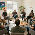 Men engaging in meaningful discussions at a manclub support group.