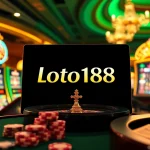 Loto188 online gaming platform with vibrant casino elements like slot machines and poker chips.