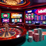 Engage with thrilling moments on Trang chủ MM88 casino, showcasing roulette, poker, and vibrant gaming visuals.