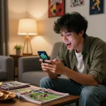 Person engaging with the FB88 betting app on smartphone in a cozy home setting, illustrating the excitement of online sports betting.