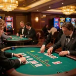 Place your bets at https://da88at.com/ as players engage in live blackjack on a vibrant casino floor