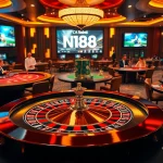Exciting scene from https://n188.bid/ featuring roulette and lively gamblers in a luxurious casino setting.