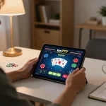 Engaging moment of a player enjoying km777 poker app in a comfortable home office