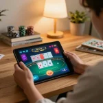 Engaging player enjoying online poker at https://max88sss.com/ with dynamic gameplay on tablet in cozy setting