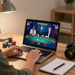 FABET player strategizing during live dealer blackjack session at home