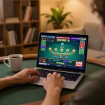 Person playing Blackjack on OK365 at home, showcasing online gaming excitement and strategy.