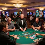 Sunwin gaming atmosphere with players engaged at a blackjack table, colorful chips and cards in play