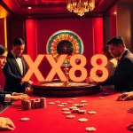 Experience the thrill of poker games at XX88 casino with vibrant chips and cards.