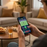 Engaged player using Fun79 INK for mobile sports betting with live odds displayed.