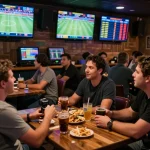 Exciting scene of sports betting with live odds displayed, embodying keo nha cai in a vibrant bar atmosphere.