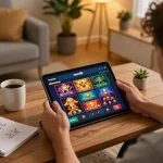 Twin68 app displayed on tablet during an online gaming session in a stylish home environment